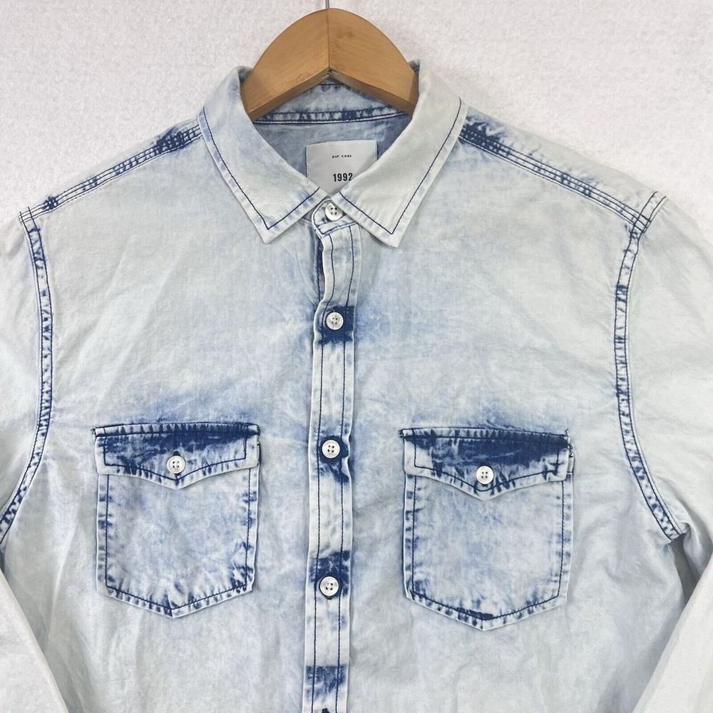 Zip Code 1992 Mens S Shirt Blue Denim Bleach Wash Button Front Cotton Cowboy Wes